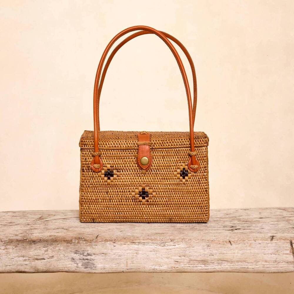 NEW THE WINDING ROAD women's ata vine rattan box handbag with diamond pattern in